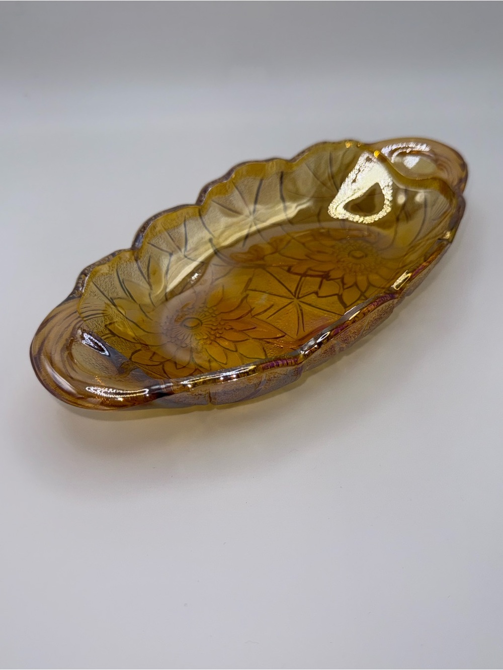 Vintage Indiana Glass Amber Iridescent Floral Celery Serving Dish